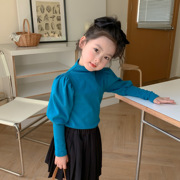 韩版女童半高领泡泡袖打底衫2023秋季儿童纯棉长袖T恤糖果色上衣
