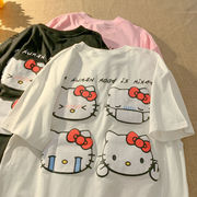 日系趣味卡通kitty猫咪少女奶，粉色t恤女ins潮短袖情侣装半袖上衣