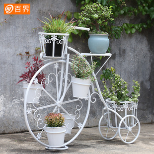 百界创意欧式自行车花架铁艺，多层阳台庭院落地式花架子，花园花盆架