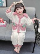 女童法兰绒睡衣套装秋冬季女孩宝宝加厚保暖可爱儿童珊瑚绒家居服
