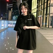 黑色t恤上衣宽松韩版女装大版欧货2023年早春装，短袖设计感小众潮