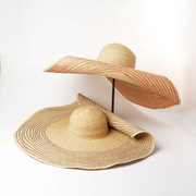 欧美春夏手编大帽檐彩色，条纹边拉菲草帽，遮阳防晒凹造型大沿帽