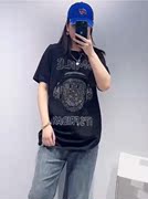 米莱奇815夏加大(夏加大)码，t恤女200斤胖妹mm弹力纯棉遮肚烫钻短袖中长衫