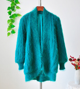 日系森女中长款马海毛毛衣外套，蓝绿色无扣加厚带里布羊毛针织上衣