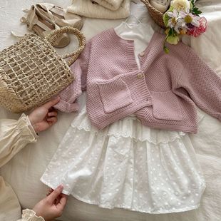 2024春季韩国ins女童甜美文艺清新粉色纯色口袋针织毛衣开衫