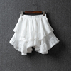 夏季亚麻不规则蕾丝花边，白色棉麻短裙，女装高腰棉麻蓬蓬半身裙裤