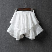 夏季亚麻不规则蕾丝花边，白色棉麻短裙女装高腰，棉麻蓬蓬半身裙裤