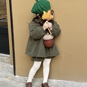 2023冬季韩版女童条绒加绒娃娃衫棉服加厚套装外套短裤两件套