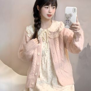 两件套装日系甜美圆领毛衣外套，女学生针织开衫+韩版娃娃领连衣裙