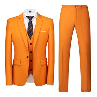 秋季橙色西装男套装结婚三件套韩版学院风裤子修身上衣马甲休闲裤