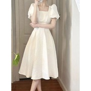 6615#法式初恋白色大摆长裙子夏季女装，方领收腰显瘦气质连衣裙子