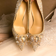法式婚鞋新娘鞋主婚纱，公主水晶鞋女结婚尖头水钻，高跟鞋细跟不累脚