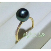 秀气优雅淑女大溪地珍珠戒指18k金天然(金天然)海水，黑珍珠戒指孔雀黑绿