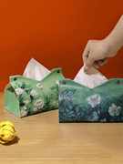 田园油画风纸巾盒，复古皮质抽纸盒餐巾收纳盒，家用客厅装饰小摆件