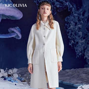 VJC OLIVIA2023秋冬米白羊毛中长款大衣钉珠娃娃领外套女装