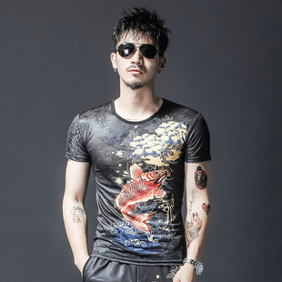 夏季短袖T恤男士中国风印花修身霸气锦鲤鱼纹身个性潮流冰丝上衣