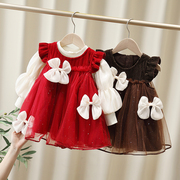 女童两件套连衣裙宝宝红色套装，加绒礼服裙，多个蝴蝶结儿童长袖裙