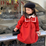 mini旦女童连衣裙冬装韩版加绒红色洋气新年装宝宝海军风裙子