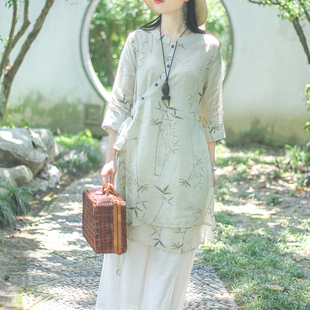 念江南原创苎麻中式斜襟，绑带设计中长款上衣，薄款禅意复古茶服长衫