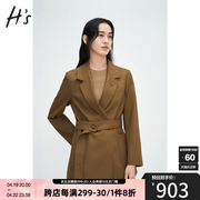 HS奥莱咖色系带西装2024早春女装含垫肩中长款通勤质感外套