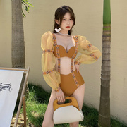 韩国ins泳衣女夏网红连体性感长袖仙女范钢托聚拢显瘦遮肉游泳衣
