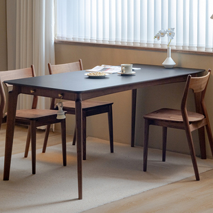 拾影木筑岩板餐桌，黑胡桃木实木桌子小户型，餐桌长方形餐桌椅组合