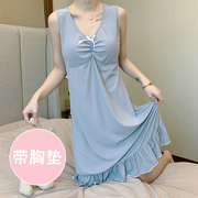 吊带睡裙女夏季薄款背心，带胸垫一体式bra韩版性感睡衣裙子女士蓝