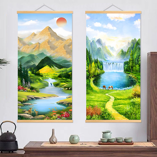 山水油画聚宝盆招财日照金山装饰画，客厅风水靠山自然，风景布艺挂画