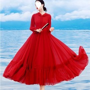 仙气连衣裙茶卡盐湖旅拍长裙红色雪纺连帽度假沙滩裙大摆长裙