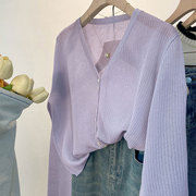 淡紫色v领防晒针织开衫配吊带外搭罩衫空调衫，冰丝夏披肩(夏披肩)仙气上衣