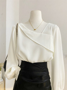 法式白色V领衬衫女秋设计感小众简约纯色气质套头长袖雪纺衫上衣