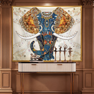 中式客厅装饰画挂布壁毯，北欧沙发背景墙布艺油画，大象麋鹿棉麻挂毯