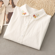 春装文艺小清新甜美花朵刺绣，翻领白色纯棉长袖，衬衫女上衣衬衣