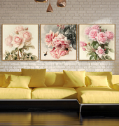 印花 DMC纯棉线十字绣套件 客厅卧室餐厅三联画 浪漫粉玫瑰