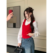 高货甜美减龄套装女春季洋气，红色麻花针织马甲，背心叠穿长袖衬衫两