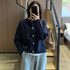 韩版藏青色毛衣女(毛衣女)2023秋季小个子短款开衫薄款针织衫