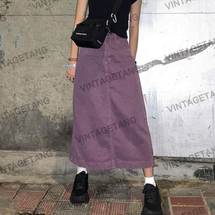 vintagetang复古灰紫色显瘦a字直筒半身裙，秋季高腰牛仔长裙婋叁
