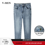 VMEN威曼韩版修身小脚九分裤男薄款青年水洗牛仔裤浅蓝色V022N355