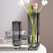 ins风高级感灰色透明玻璃花瓶，创意方口插花水养鲜花客厅装饰摆件