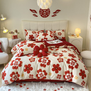 定制厂促时尚喜字结婚床上用品四件套红色婚庆被套高档婚房喜被床