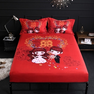 单品大红色结婚庆单件床笠床垫套1.8米1.5m席梦思床罩三件套