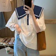 白色海军领衬衫，女夏季ins韩风设计感甜美通勤短袖上衣