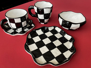 北欧风 黑白棋盘格时尚不规则手捏咖啡杯马克杯陶瓷盘餐盘ins复古