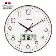 Timess液晶显示万年历挂钟客厅卧室圆形钟表家用免打孔时钟时尚创