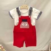 韩国童装夏男女童宝宝，白色字母短袖，t恤红色背带短裤套装