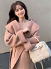 赫本风双面羊绒呢子大衣女，韩系2023秋冬粉色，毛呢外套高级感小个子