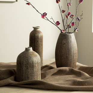 景德镇复古螺纹日式侘寂风装饰品，家居台面民宿摆件，插干花陶瓷花瓶