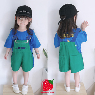 女童套装2023夏季T恤儿童洋气韩版中小童背带短裤短袖两件套3
