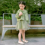 女童军绿色背心网纱蓬蓬连衣裙，+短外套套装韩版纱裙套装女童