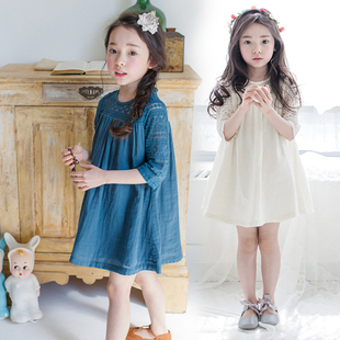 夏季韩版女童连衣裙全棉中大童，蕾丝五分袖，公主裙镂空钩花拼接童装